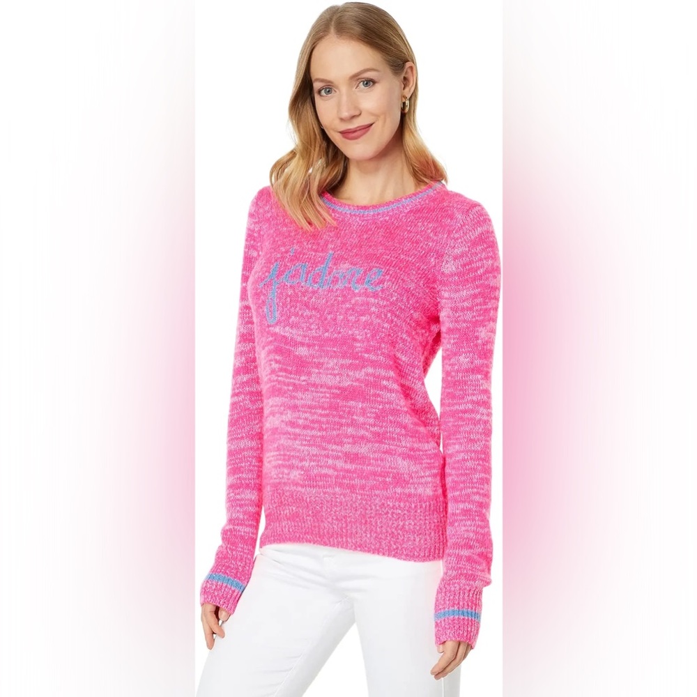 Lilly Pulitzer Pink Marled Crewneck Sweater with Blue Script
